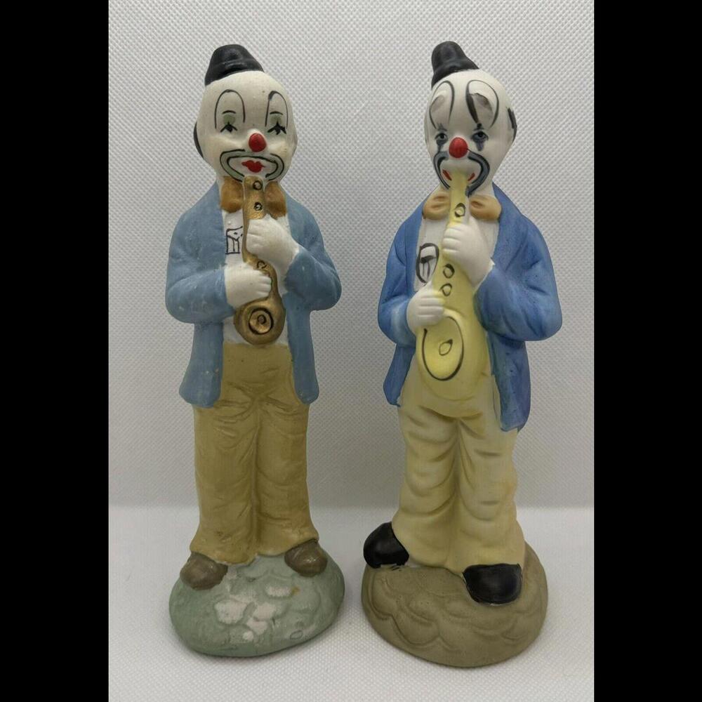 Set of two Procelian Clown Figurines  Artmark  Saxaphone Hobos